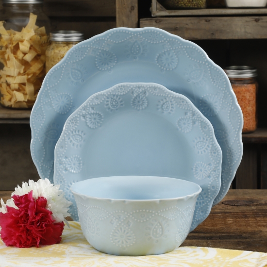 The Pioneer Woman Cowgirl Lace 12Piece Dinnerware Set Light Blue