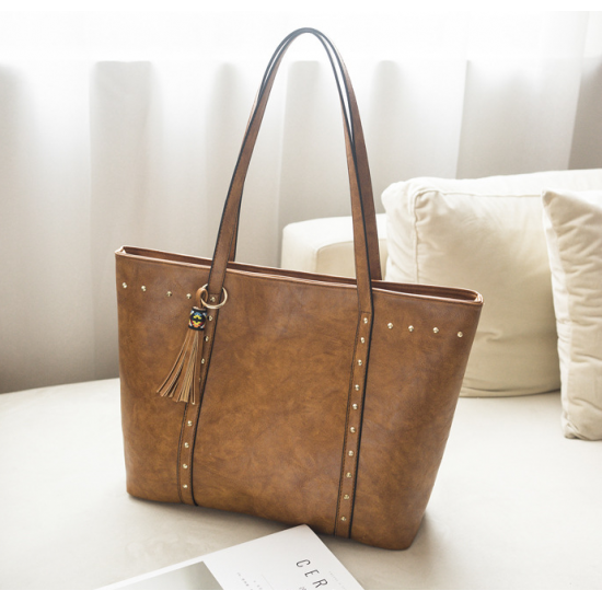 bellabydesignllc Rivet PU Leather women handbag Casual Tassel  Brown