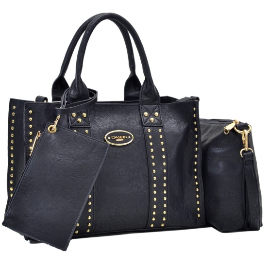 Dasein  3PCS Middle Studded Tote Handbag with Detachable Organizer Bag Black