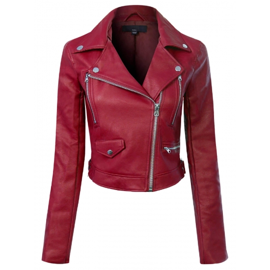 Made by Olivia Womens Long Sleeve Zipper Closure Moto Biker Faux Leather Jacket