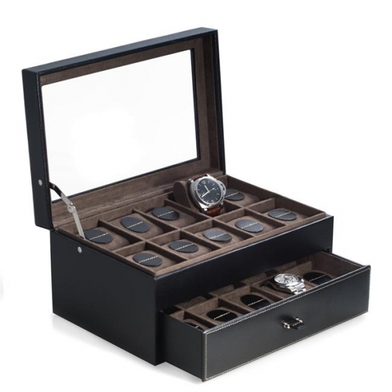 Bey-Berk International BB683BLK Black Pebbled Leather 20 Watch Case with Glass See-Thru