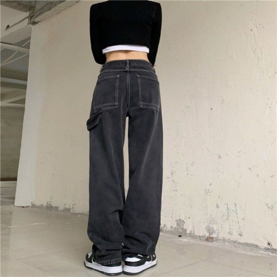Punk Style Harajuku Skull White Bone Fashion Jeans Women Loose Straight-leg Pants Retro Street Womens Pants Denim Joggers Women