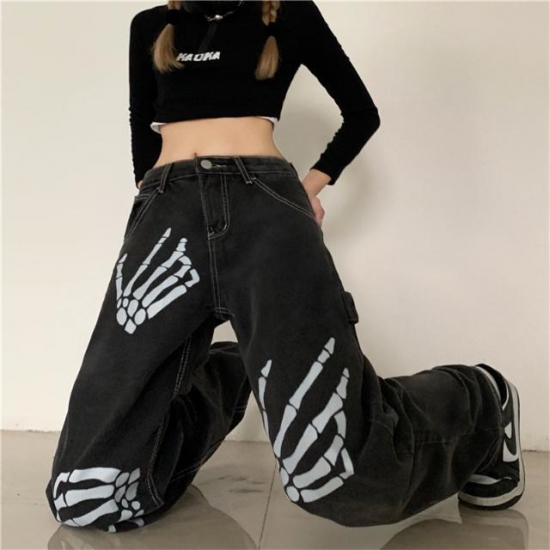 Punk Style Harajuku Skull White Bone Fashion Jeans Women Loose Straight-leg Pants Retro Street Womens Pants Denim Joggers Women