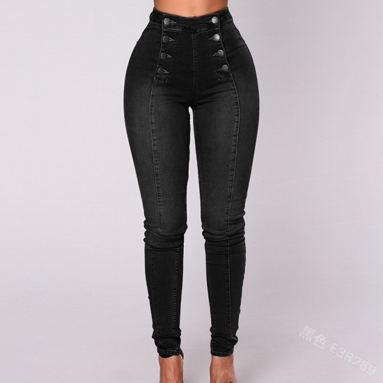 Womens Jeans Pants Trousers Fashion Solid Color Double Breasted Jeans Casual Sexy Button Autumn Pencil High Waist Skinny Jeans