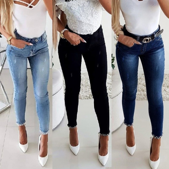 Embroidered Flares Jeans Womens Casual Bow Solid Color Slim Jeans Autumn Stretch Pocket Button High Waist Denim Pencil Pants