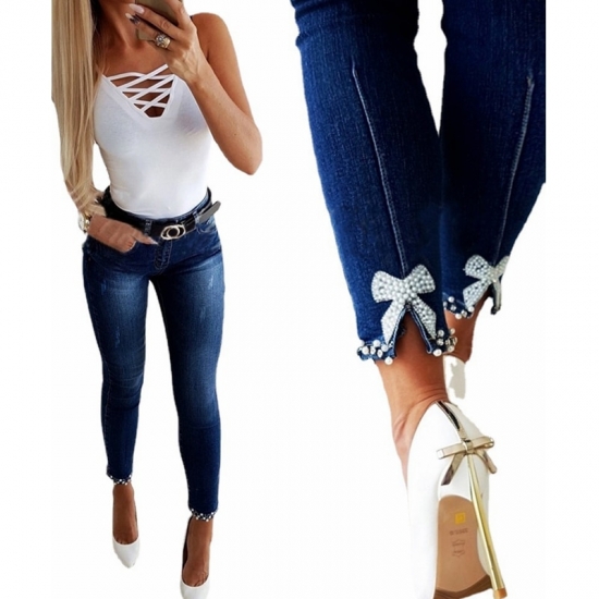 Embroidered Flares Jeans Womens Casual Bow Solid Color Slim Jeans Autumn Stretch Pocket Button High Waist Denim Pencil Pants