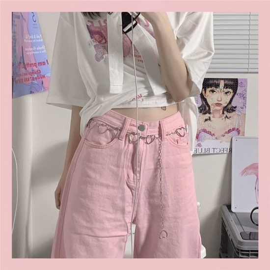 All-match Fashion Kawaii Denim Pink Loose Wide-leg Womens Jeans High Waist Heart Chain Summer Thin Casual Cute Casual