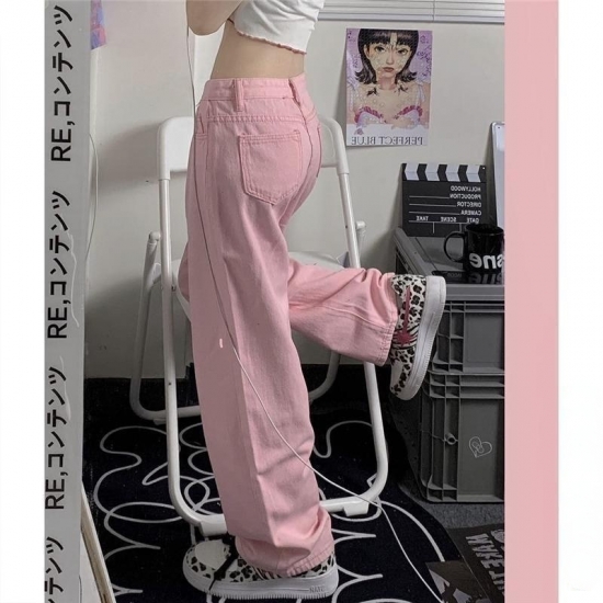 All-match Fashion Kawaii Denim Pink Loose Wide-leg Womens Jeans High Waist Heart Chain Summer Thin Casual Cute Casual