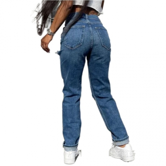 Hollow Out Ripped Straight Jeans Women Blue Punk Baggy High Waist Mom Boyfriend Denim Hole Korean Oversize Streetwear Pants 8037