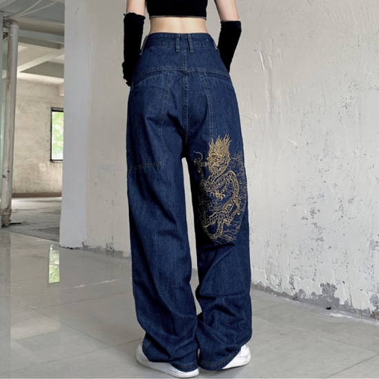 2021 New American Retro Embroidery Jeans Women Street Hip-hop Wild Wide-leg Pants Couples Plus Size Casual Loose Jeans Trousers