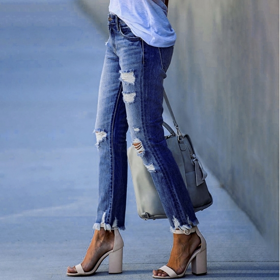 2022 New Pencil Pants Ripped Slim Fit High Waist Vintage Streetwear Casual Fashion Stretch Blue Jeans Woman