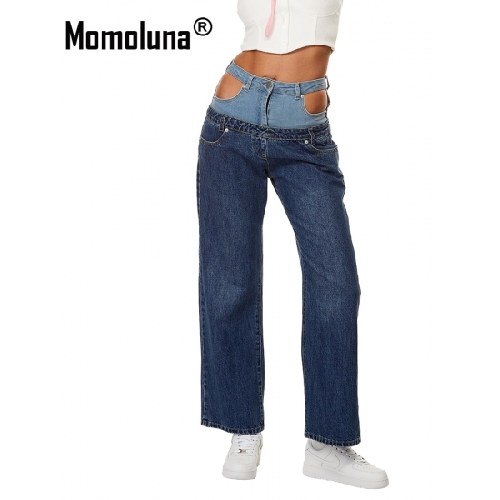 Momoluna Woman Baggy High Waist Patch Waist Hollow out  Denim Jeans