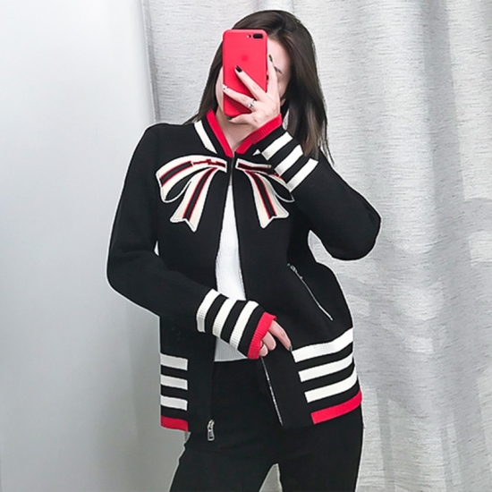 Women Baseball Knit Jacket Bow Embroidery Patch Designs Zipper Baseball Jacket Multi-color Striped High Waist Knitted Coat