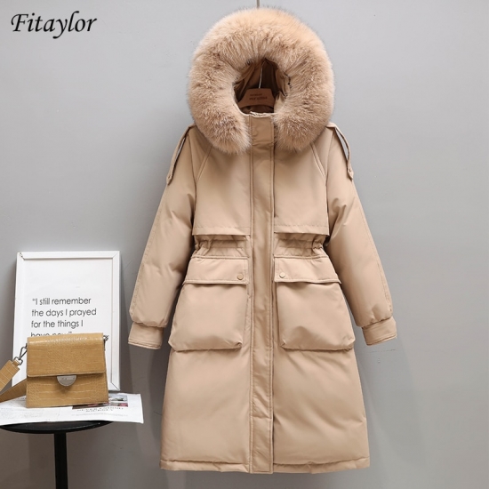 Fitaylor Winter Women Long Jacket Large Natural Fur Collar Hooded Parkas 90 Percent  White Duck Down Coat Thickness Snow Warm Outwear