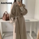 Aachoae Women Elegant Long Wool Coat With Belt Solid Color Long Sleeve Chic Outerwear Ladies Drop Shoulder Overcoat 2021