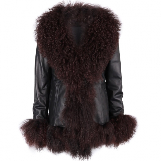 YOLOAgain Women Real Sheep Fur Collar Trim Genuine Leather Jacket Coat