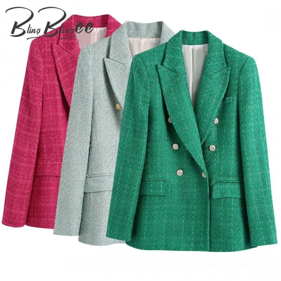 BlingBlingee Za 2022 Spring Women Traf Jacket Ornate Button Tweed Woolen Coats Female Casual Thick Green Blazers Blue Outerwear