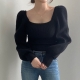 Knitted Women Sweater Vintage Pullover Long Puff Sleeve Pink Square Neck Top Korean Fashion Style Autumn Winter 2022 Clothing