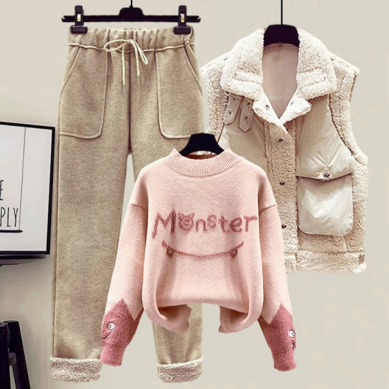 Plus Size Women Autumn And Winter Suit Women 2022 New Lamb Hair Vest Slimming Knitted Sweater Casual Pants Three-piece Suit