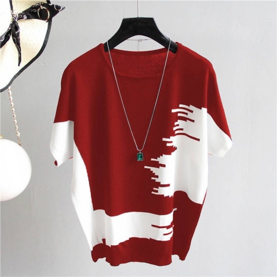 Summer Women Sweater Pullover Thin Rib Knitted Pull Femme Tops Patchwork O Neck Essential Jumper Short Sleeve Sueters De Mujer