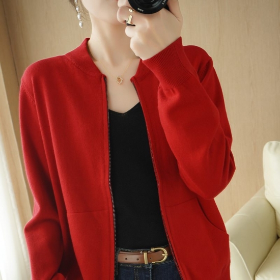 Zipper Cashmere Sweater Cardigan Women Stand-Up Collar Loose  Solid Knit Sweater Jacket Female Tops Autumn Red