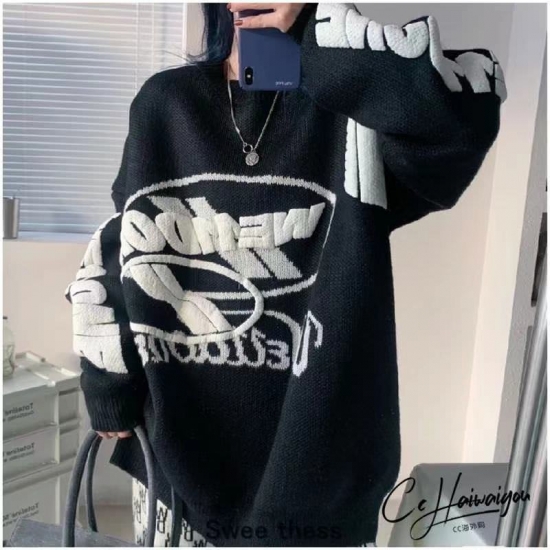 Autumn Winter Knitted Sweater Women Vintage Casual Punk Loose Harajuku Letter Print Gothic Pullover Female Streetwear Top