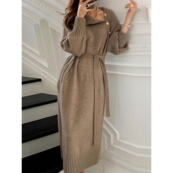 2022 Autumn Winter Women Knitted Turtleneck Pullover Sweater Button Fashion Belt Coat Solid Female Woman Warm  Maxi Dresses
