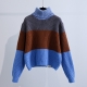 Vintage Sweater Color Matching High Collar Womens Spring And Autumn New Blue Loose Outer Wearing Thin Pullover Sweater Top