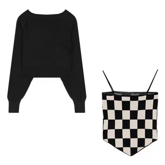 Tonngirls Gothic Irregular T-shirt Women Knitted Black Pullover Checkerboard Camis Tank Tops Y2K Two Pieces Tops Style
