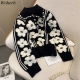 Woherb Lady Vintage Sweet Sweater Autumn 2022 Lapel Three-Dimensional Flower Single-Breasted Long-Sleeve Knitted Pullover Female
