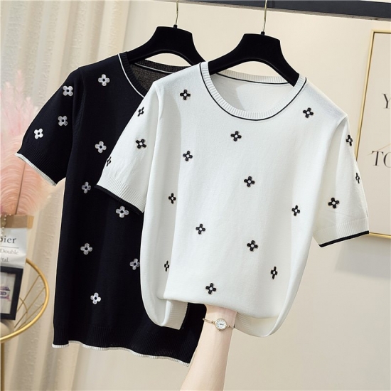 Pure Cotton T-shirt Women 2022 Summer New O-neck Pullover Flower Knitwear Plus Size Casual Sweater Short-sleeved Tees Hot