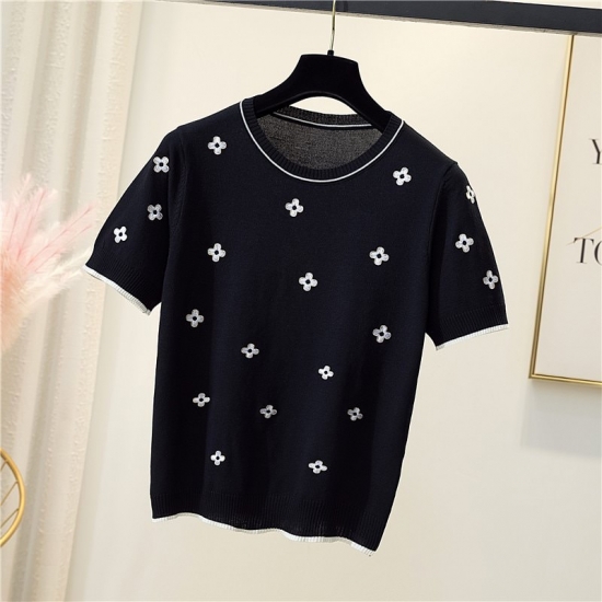Pure Cotton T-shirt Women 2022 Summer New O-neck Pullover Flower Knitwear Plus Size Casual Sweater Short-sleeved Tees Hot