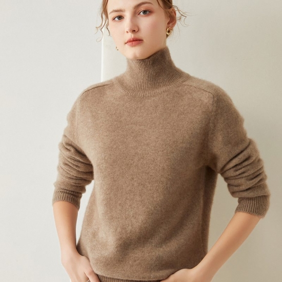 100 Percent Pure Goat Cashmere Knitted Sweaters Women Turtleneck  Long Sleeve Solid Colors Soft Top Grade Thick Pullovers