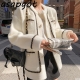 Asapgot White Mink Cashmere Sweater Coat Women Autumn Winter Lazy Style Retro Black Loose O Neck Knitted Cardigan Fashion