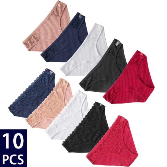 10Pcs set Cotton Panties Women Sexy Floral Lace Panty Underwear Lingerie Solid Color Female Underpants Intimates Lady 2022