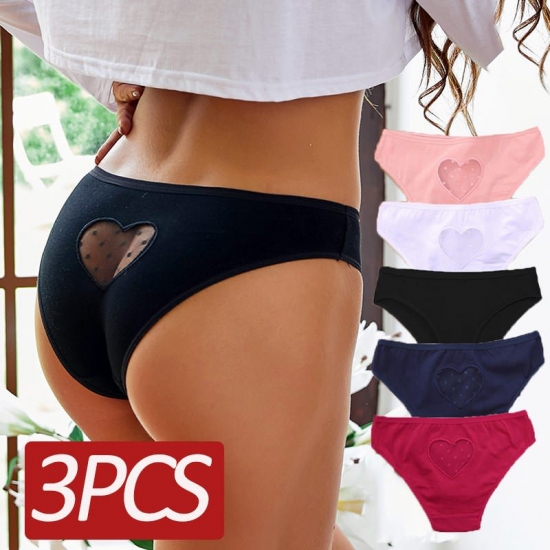 3PCS Set Cotton Panties Women Lace Transparent Heart Low-Waist Underpants Hollow Out Briefs Seamless Women Underwear Lingerie