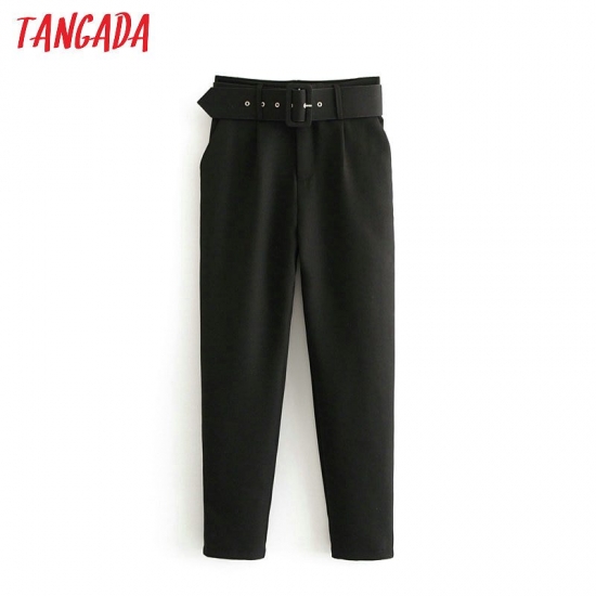Tangada Black Suit Pants Woman High Waist Pants Sashes Pockets Office Ladies Pants Fashion Middle Aged Pink Yellow Pants