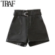 TRAF Women Chic Fashion With Belt Faux Leather Shorts Vitnage High Waist Zipper Fly Pockets Female Short Pants Mujer