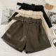 2022 New PU Leather Shorts Women Shorts All-match Sashes Wide Leg Short Ladies Sexy Leather Shorts Autumn Winter