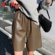 Black Leather Knee-length Shorts for Women with Pockets High Waist Loose Wide Leg Long Women Shorts Faux Pu Leather
