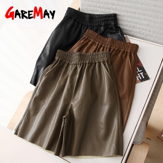 Black Leather Knee-length Shorts for Women with Pockets High Waist Loose Wide Leg Long Women Shorts Faux Pu Leather