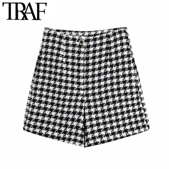 TRAF Women Fashion Houndstooth Tweed Bermuda Shorts Vintage High Waist Zipper Fly Female Short Pants Mujer