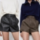 KONDALA Za 2022 Women Shorts Vintage PU Leather Shorts High Waist Undefined Draped Trousers  Female Office Wear Shorts