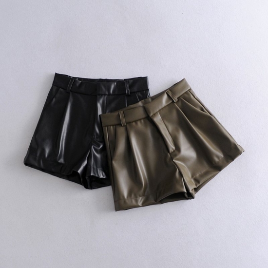 KONDALA Za 2022 Women Shorts Vintage PU Leather Shorts High Waist Undefined Draped Trousers  Female Office Wear Shorts