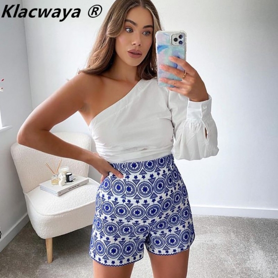 Klacwaya Women 2022 Blue Embroidery High Waist Shorts Fashion Lady Boho Style Shorts Vintage Side Zipper Chic Female Pants