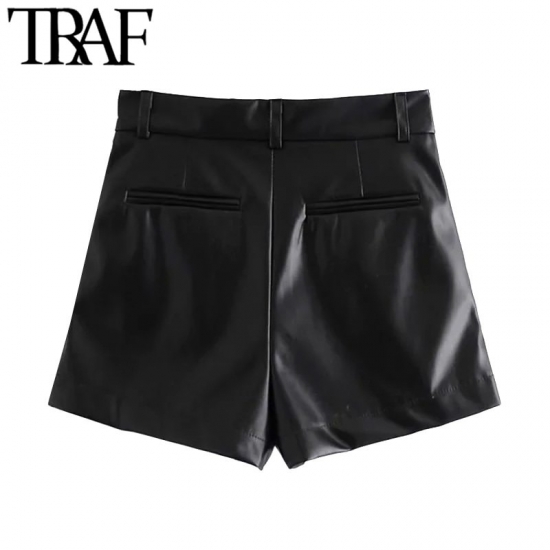 TRAF Women Chic Fashion Side Pockets Faux Leather Shorts Vintage High Waist Zipper Fly Female Short Pants Mujer