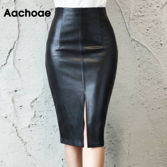 Aachoae Black PU Leather Skirt Women 2022 New Midi Sexy High Waist Bodycon Split Skirt Office Pencil Skirt Knee Length Plus Size