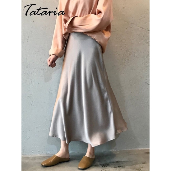 Tataria Silk Satin Skirts for Women High Waisted Skirt 2022 Women A-Line Elegant Skirts Summer Pink Midi Skirt New Style