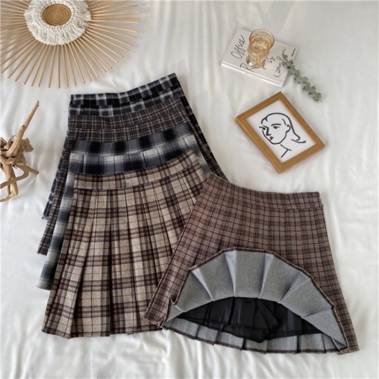 Plaid Pleated Skirt Female Spring and Autumn High Waist Thin A-line Short Skirt Student Woolen Thick Skirt