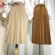 Beiyingni High Waist Women Skirt Casual Vintage Solid Belted Pleated Midi Skirts Lady Fashion Simple Saia Mujer Faldas